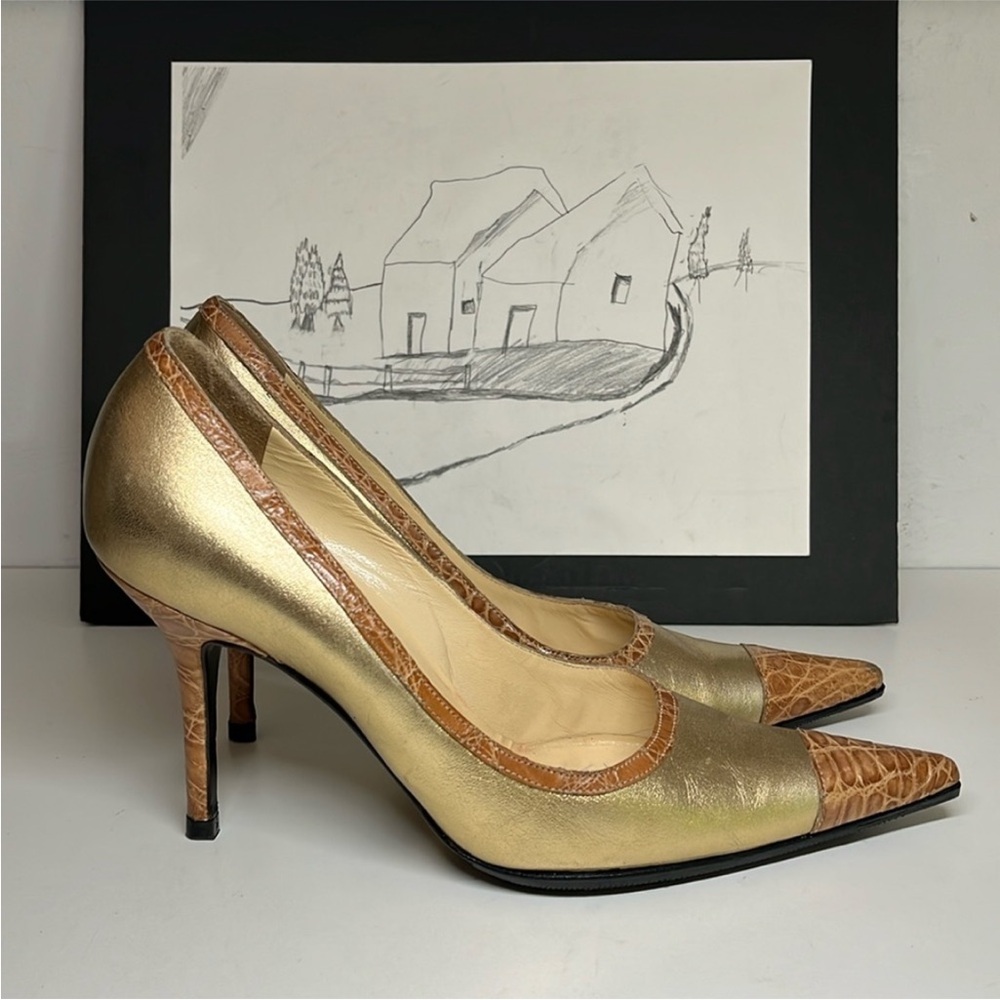 Dolce & Gabbana 3" Pointed Toe Croc and Metallic Leather Stiletto's Women's 38